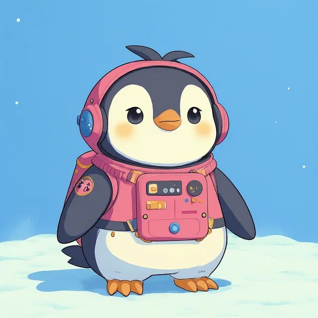 Penguin in a pink space suit with headphones, standing on snow